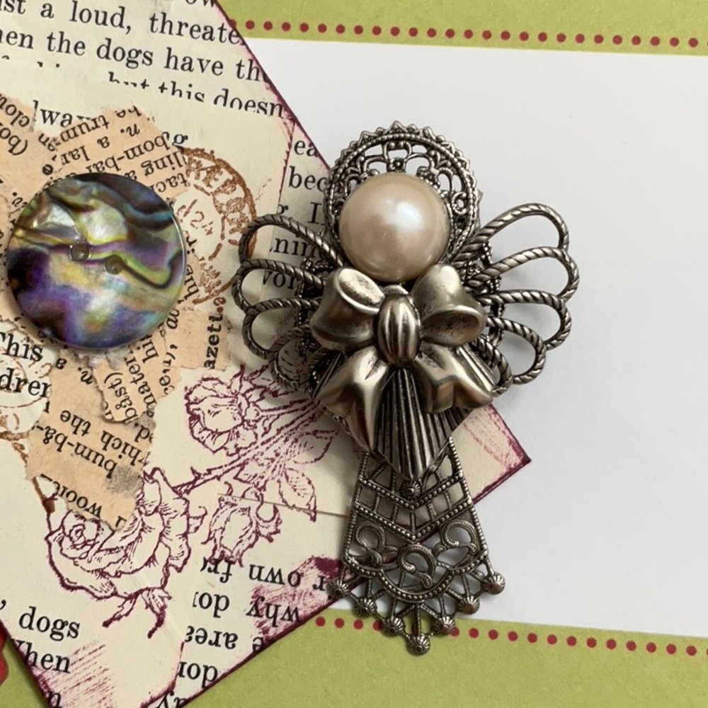 Vintage Burnished Metal Angel Pin with Pearl Accent